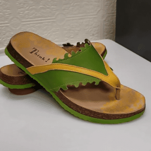 Green and yellow casual flip-flops with a brown sole.