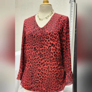 Red leopard print blouse with V-neck and long sleeves.